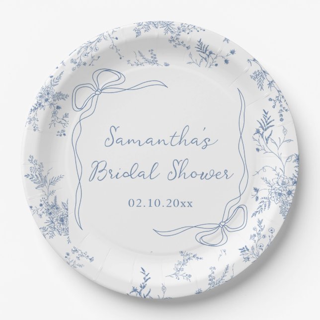 Floral Something Blue Bow Bridal Shower Paper Plates (Front)