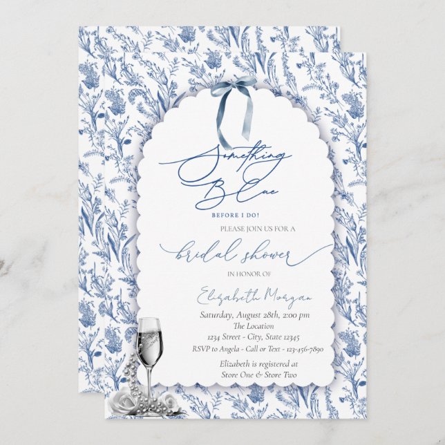 Floral Something Blue Bow Glass Pearls  Invitation (Front/Back)
