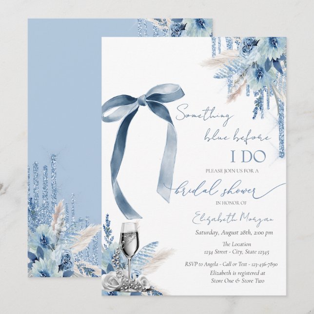 Floral Something Blue Bow Glitter Drips Pearls  Invitation (Front/Back)