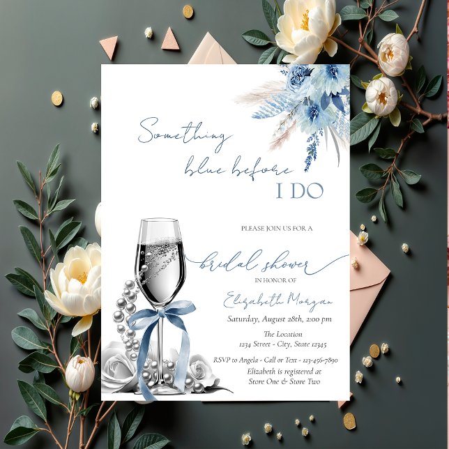 Floral Something Blue Bow Pearls and Prosecco Invitation (Creator Uploaded)