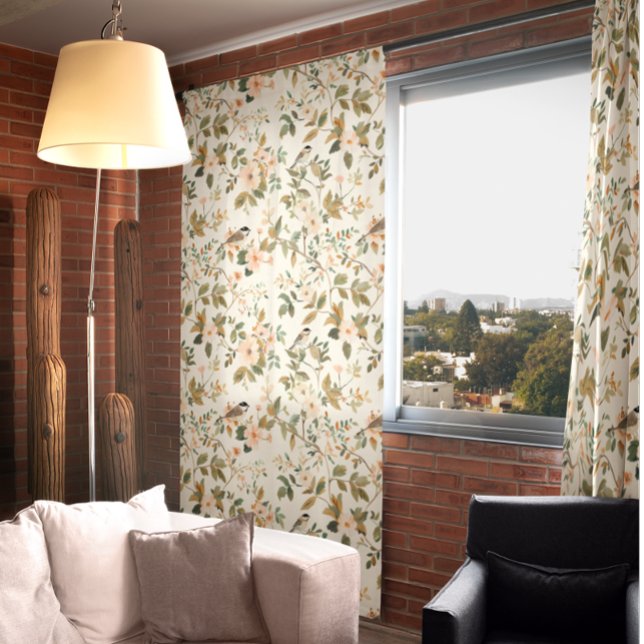 Floral Song Birds Leaves Flower Neutral Blackout Curtains (Creator Uploaded)