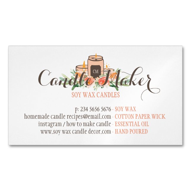 Floral Soy Wax Candle Handmade Customizable Business Card Magnet (Front)