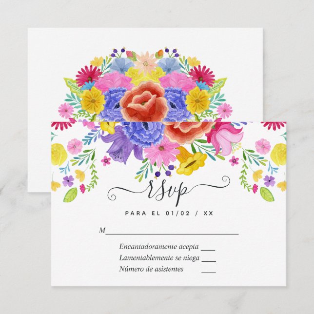 Floral Spanish Fiesta Quinceañera RSVP Card (Front/Back)