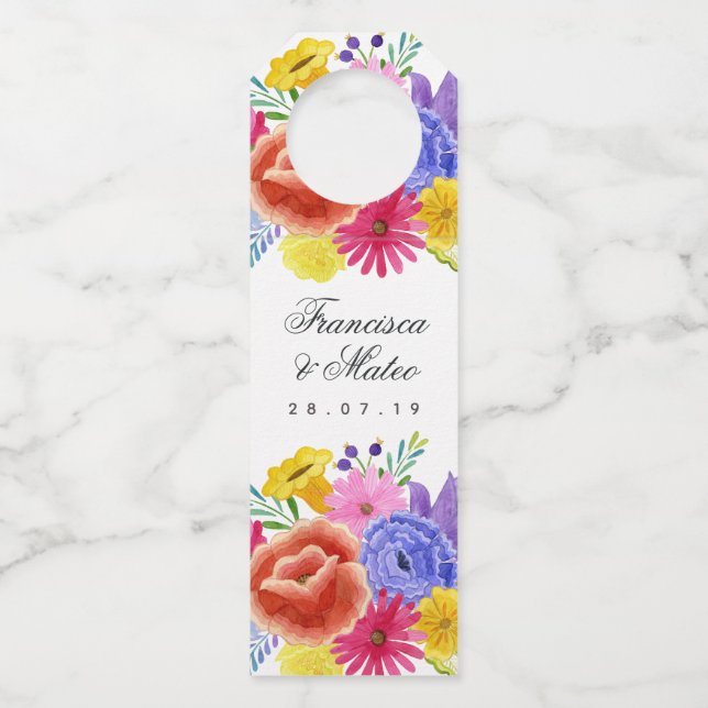Floral Spanish Fiesta Wedding Bottle Hanger Tag (Front)