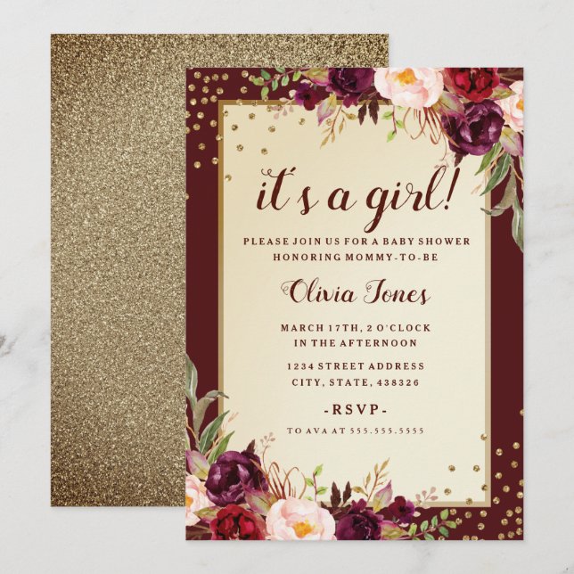 Floral Sparkle Burgundy Baby Shower Invitation (Front/Back)