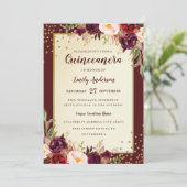 floral Sparkle Burgundy Gold Quinceanera Invite (Standing Front)