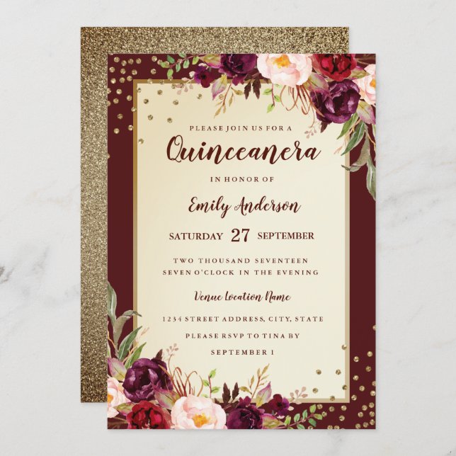 floral Sparkle Burgundy Gold Quinceanera Invite (Front/Back)