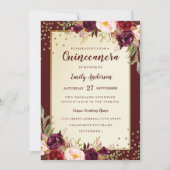 floral Sparkle Burgundy Gold Quinceanera Invite (Front)