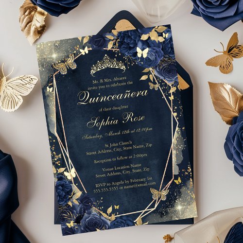 Floral Sparkle Butterfly Navy Gold Quinceanera Foil Invitation
