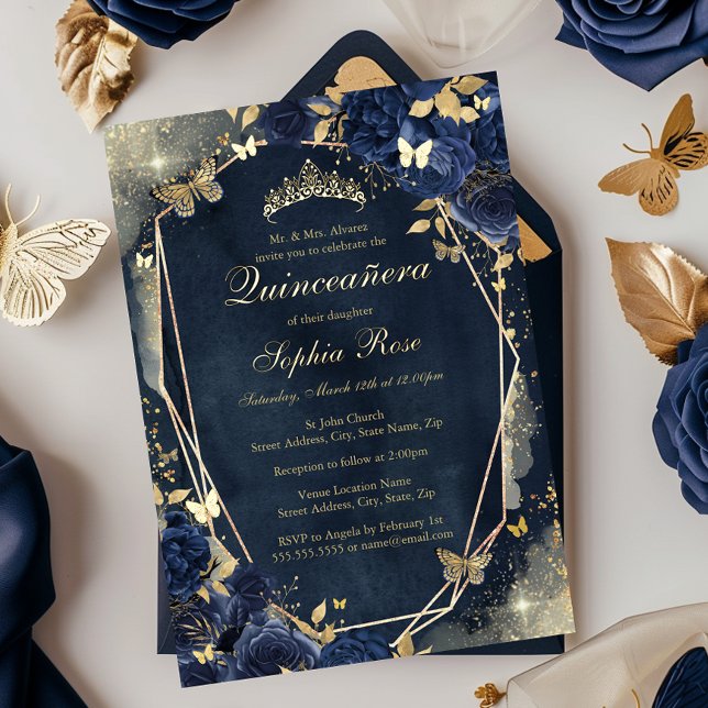 Floral Sparkle Butterfly Navy Gold Quinceanera Foil Invitation (Creator Uploaded)