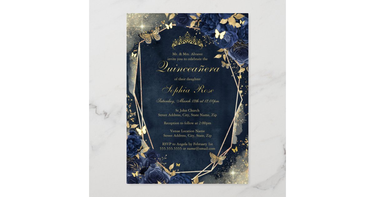 Floral Sparkle Butterfly Navy Gold Quinceanera Foil Invitation | Zazzle