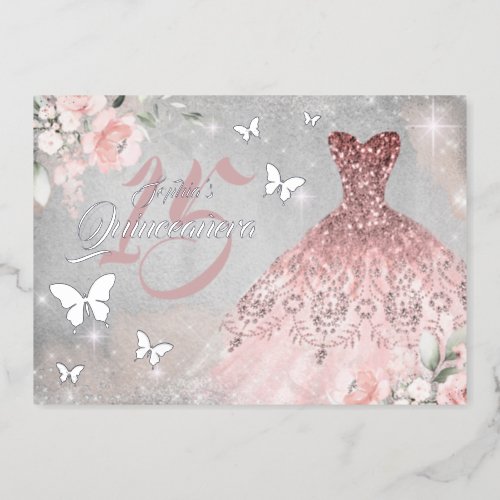 Floral Sparkle Dress Butterfly Pink Quinceanera Foil Invitation