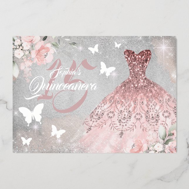 Floral Sparkle Dress Butterfly Pink Quinceanera Foil Invitation (Front)