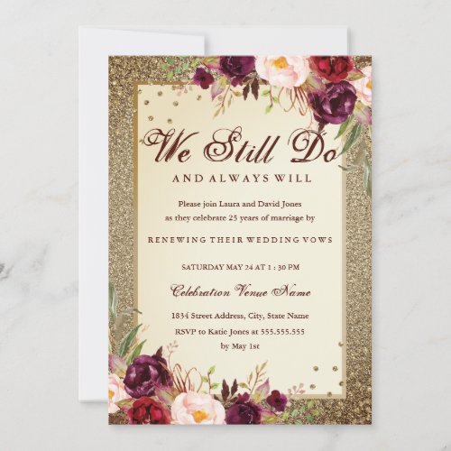 Floral Sparkle Gold Vow Renewal Anniversary Invitation