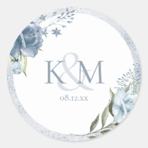 Floral Sparkle Wedding Initials Dusty Blue ID889 Classic Round Sticker