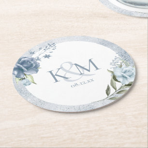 Floral Sparkle Wedding Initials Dusty Blue ID889 Round Paper Coaster