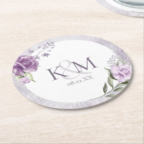 Floral Sparkle Wedding Initials Mauve ID889 Round Paper Coaster