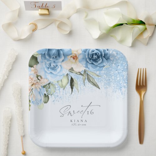 Floral Sparkles Sweet Sixteen Blue ID912 Paper Plates