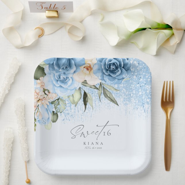 Floral Sparkles Sweet Sixteen Blue ID912 Paper Plates (Wedding)