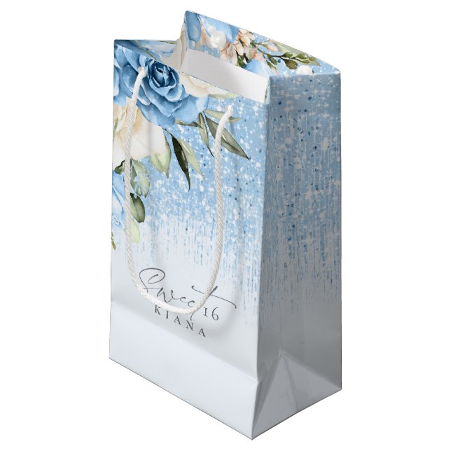 Floral Sparkles Sweet Sixteen Blue ID912 Small Gift Bag (Front Angled)