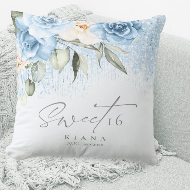 Floral Sparkles Sweet Sixteen Blue ID912 Throw Pillow (Creator Uploaded)