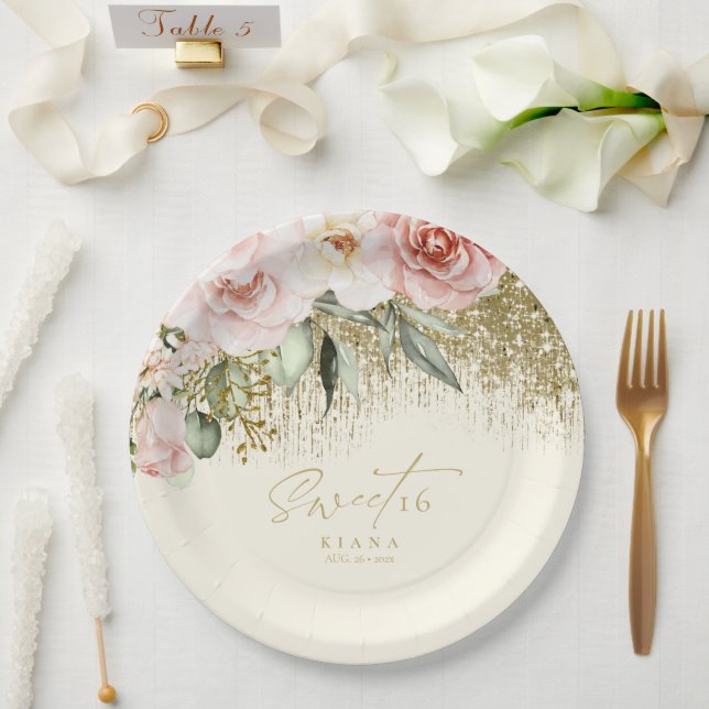 Floral Sparkles Sweet Sixteen Gold ID912 Paper Plates (Wedding)