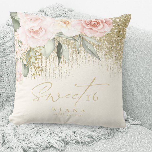 Floral Sparkles Sweet Sixteen Gold ID912 Throw Pillow (Creator Uploaded)