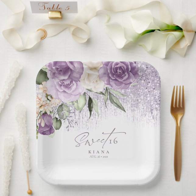 Floral Sparkles Sweet Sixteen Mauve ID912 Paper Plates (Wedding)