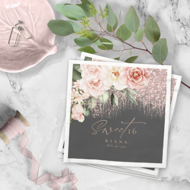 Floral Sparkles Sweet Sixteen Rose Gold/Blk ID912 Napkins (Creator Uploaded)