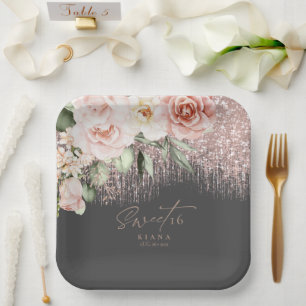 Floral Sparkles Sweet Sixteen Rose Gold/Blk ID912 Paper Plates