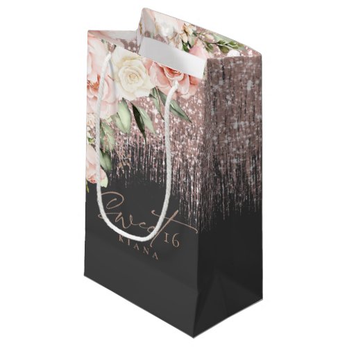 Floral Sparkles Sweet Sixteen Rose GoldBlk ID912 Small Gift Bag