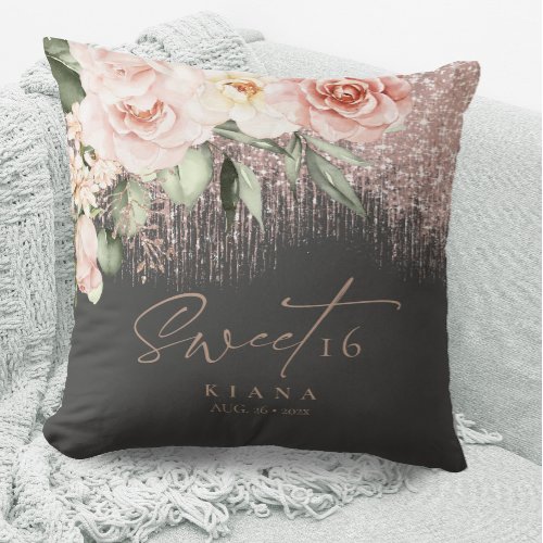 Floral Sparkles Sweet Sixteen Rose GoldBlk ID912 Throw Pillow