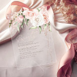 Floral Sparkles Sweet Sixteen Rose Gold ID912 Acrylic Invitations<br><div class="desc">A handwritten, signature font combined with geometric frames, sparkly backgrounds and lush florals are used in this Sweet Sixteen collection to set a warm and intimate tone for your event. The transparent acrylic invitation shown here, with it's corner floral arrangement in trendy blush pink and cream with coordinating rose gold...</div>