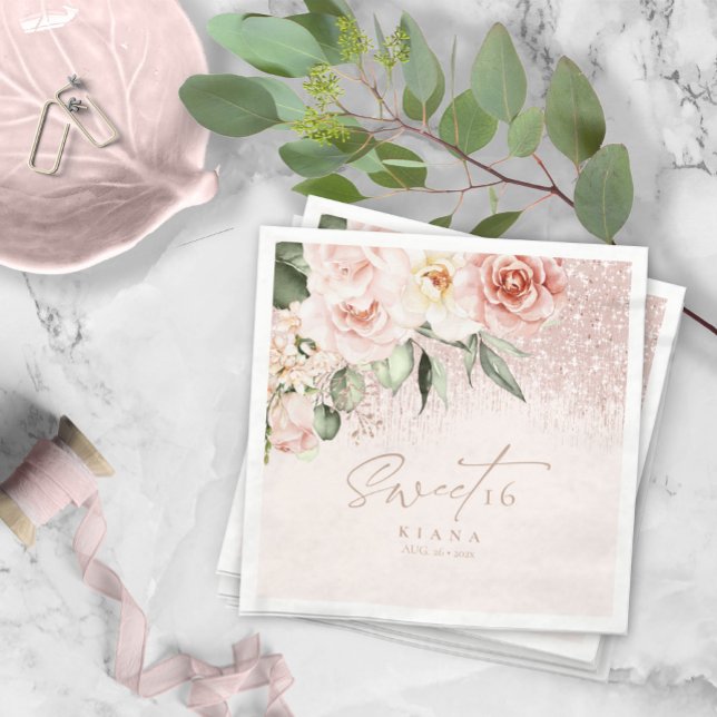 Floral Sparkles Sweet Sixteen Rose Gold ID912 Napkins (Creator Uploaded)