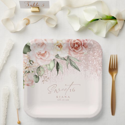 Floral Sparkles Sweet Sixteen Rose Gold ID912 Paper Plates