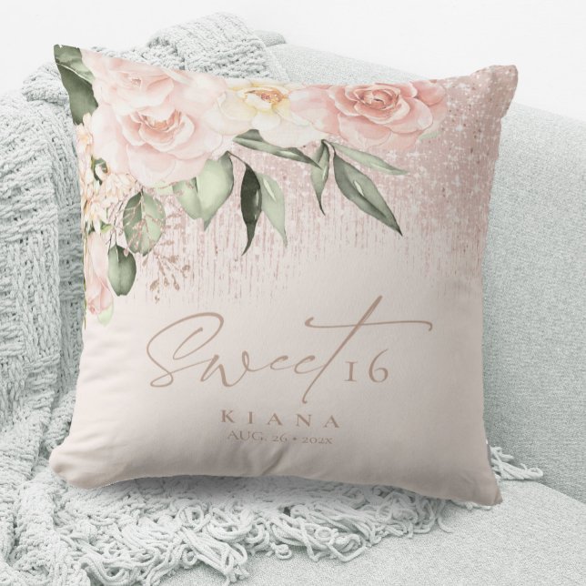 Floral Sparkles Sweet Sixteen Rose Gold ID912 Throw Pillow (Creator Uploaded)