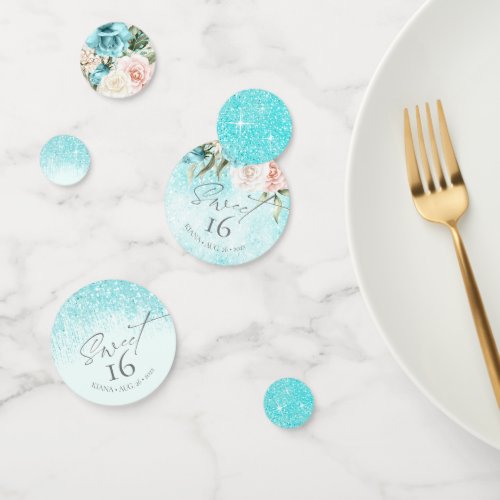 Floral Sparkles Sweet Sixteen Teal ID912 Confetti