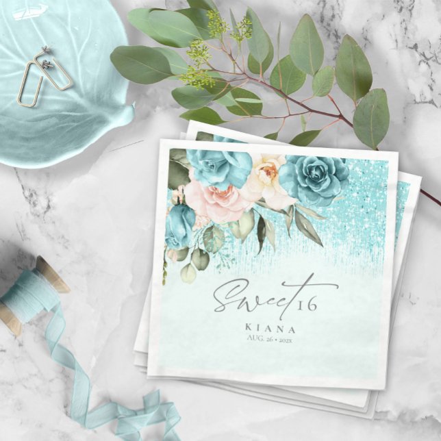 Floral Sparkles Sweet Sixteen Teal ID912 Napkins (Creator Uploaded)