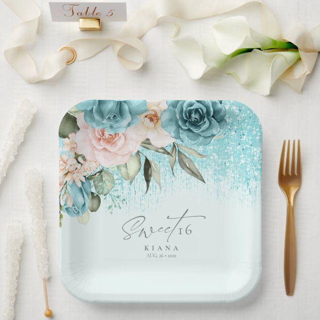 Floral Sparkles Sweet Sixteen Teal ID912 Paper Plates (Wedding)