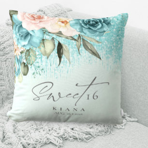 Floral Sparkles Sweet Sixteen Teal ID912 Throw Pillow