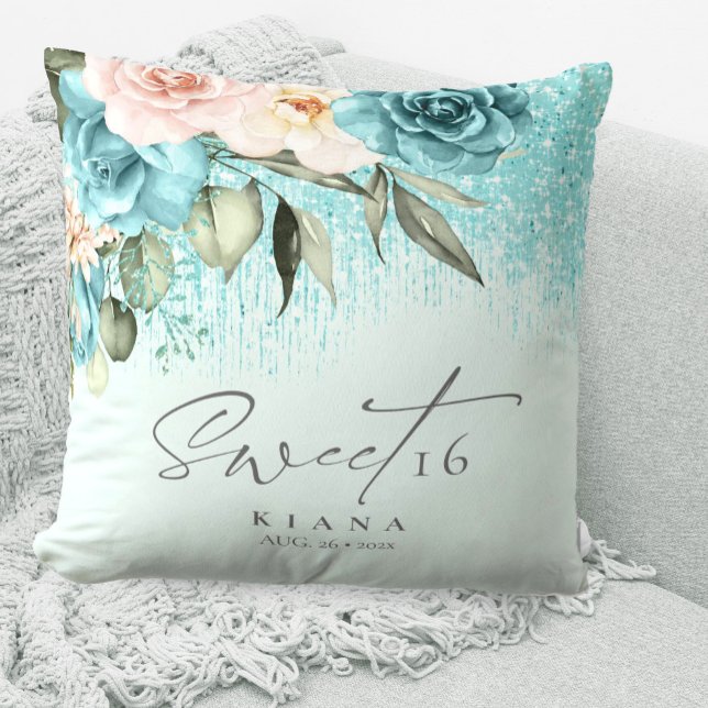 Floral Sparkles Sweet Sixteen Teal ID912  Throw Pillow (Creator Uploaded)
