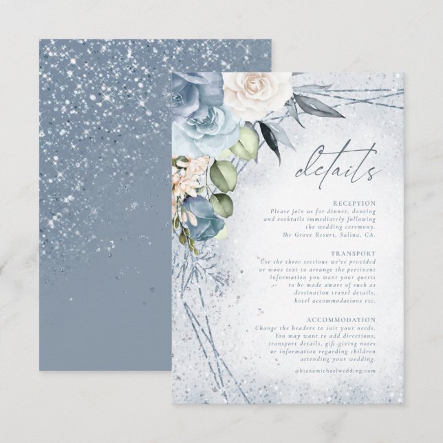 Floral Sparkles Wedding Details Dusty Blue ID889 Enclosure Card (Front/Back)