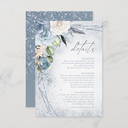 Floral Sparkles Wedding Details Dusty Blue ID889 Enclosure Card