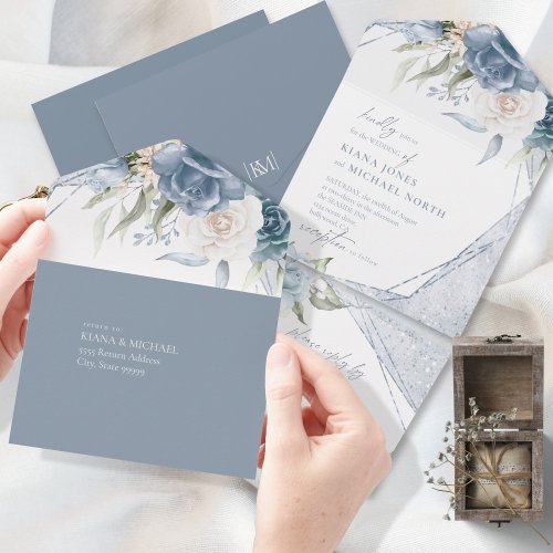 Floral Sparkles Wedding Dusty Blue ID889 All In One Invitation