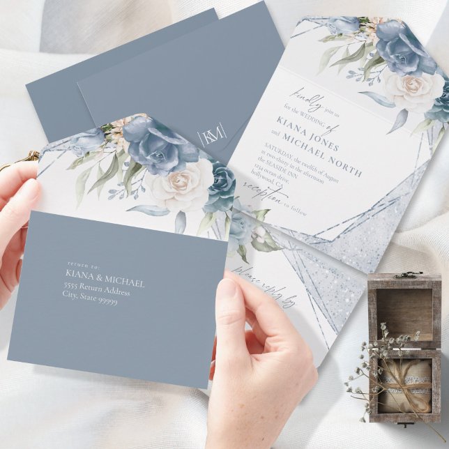 Floral Sparkles Wedding Dusty Blue ID889 All In One Invitation (Creator Uploaded)