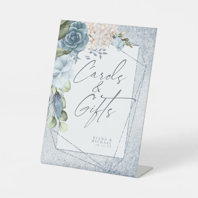 Floral Sparkles Wedding Dusty Blue ID889 Pedestal Sign (Front)