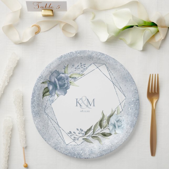 Floral Sparkles Wedding Initials Blue ID889 Paper Plates (Wedding)