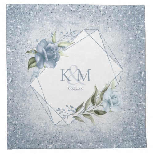 Floral Sparkles Wedding Initials Dusty Blue ID889 Cloth Napkin