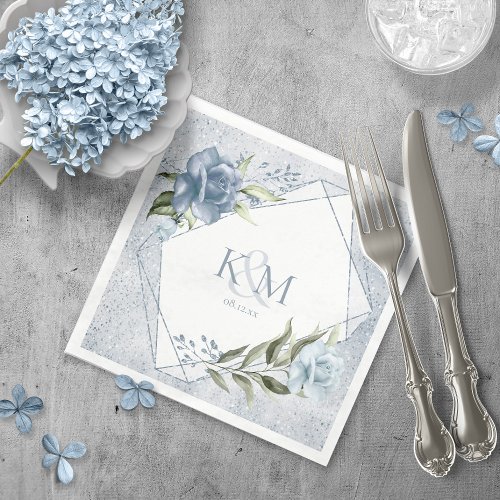 Floral Sparkles Wedding Initials Dusty Blue ID889 Napkins