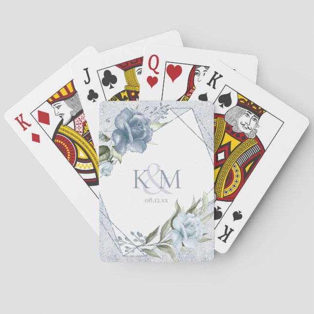 Floral Sparkles Wedding Initials Dusty Blue ID889 Poker Cards (Back)